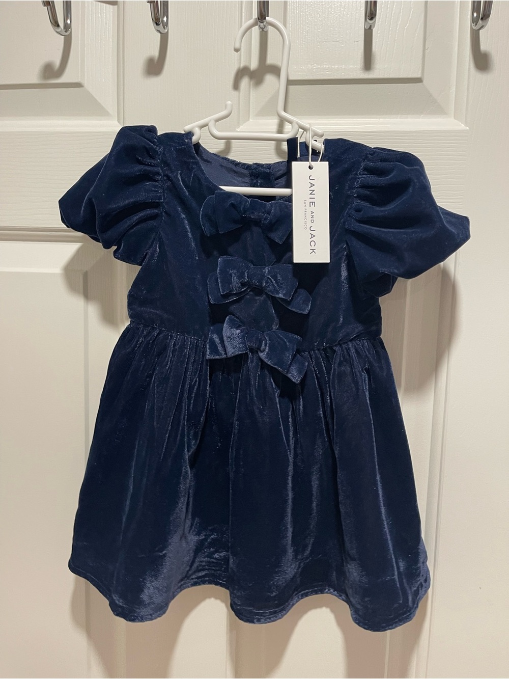 Janie and Jack Navy Velvet Bow Front Puff Sleeve Dress